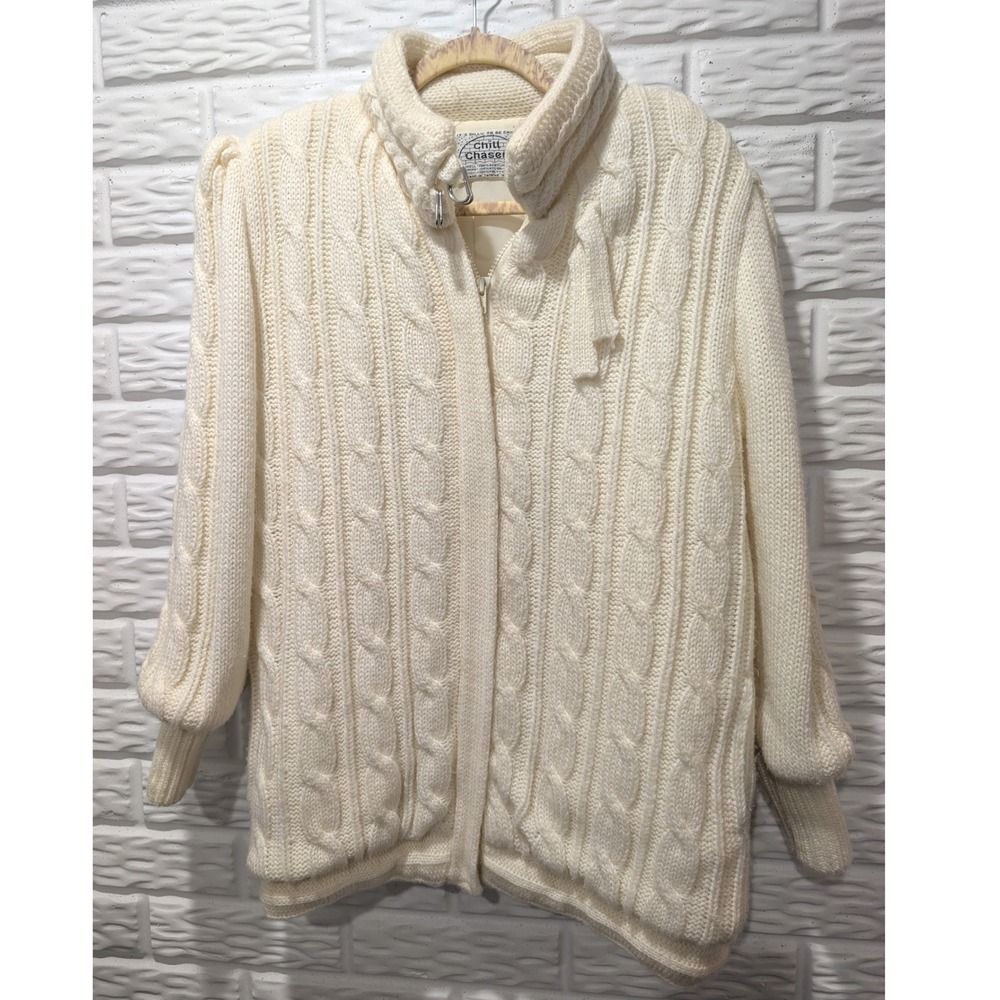 Vintage Chill Chasers Cream Cable Knit Quilted Lined Zip Up Sweater Jacket M